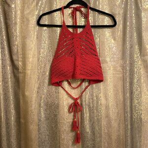 Crocheted burnt rust orange high neck halter boho bikini swim top, size M/L